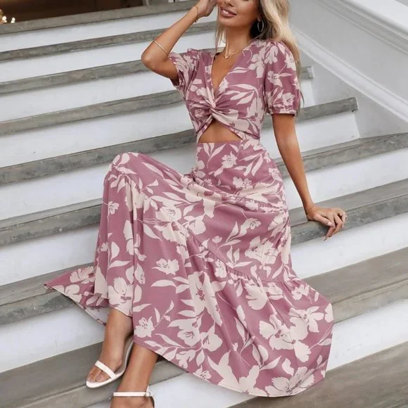 Dusty Pink Boho Womens Floral Print Twist Front Cut Out Ruffle Hem Dress - Picture 5 of 5